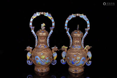 PAIR FILIGREE GILT BRONZE MOLDED HANDEL POTS