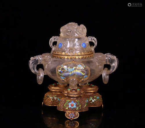 A CRYSTAL CARVED COVER CENSER WITH BASE