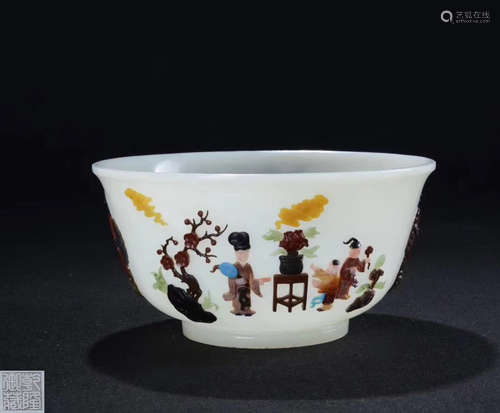 A HETIAN JADE FIGURE STORIES PATTERN BOWL