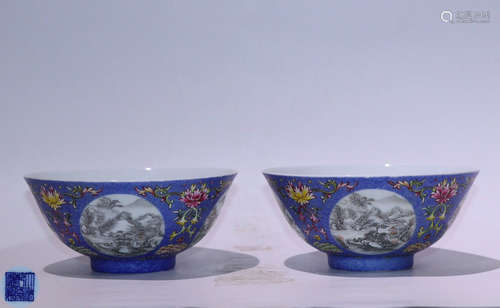 PAIR FAMILLE LANDSCAPE PATTERN BOWLS