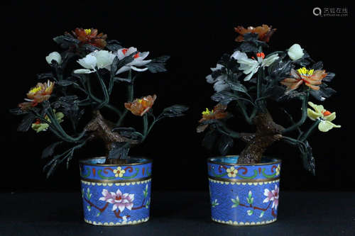 PAIR CLOISONNE GEM DECORATED BONSAI ORNAMENT