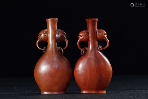 PAIR HUANGYANG WOOD CARVED DOUBLE-EAR VASE