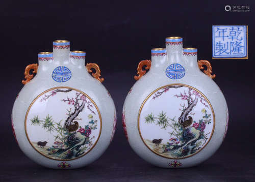 PAIR ENAMELED GLAZE BIRD AND FLORAL PATTERN VASES