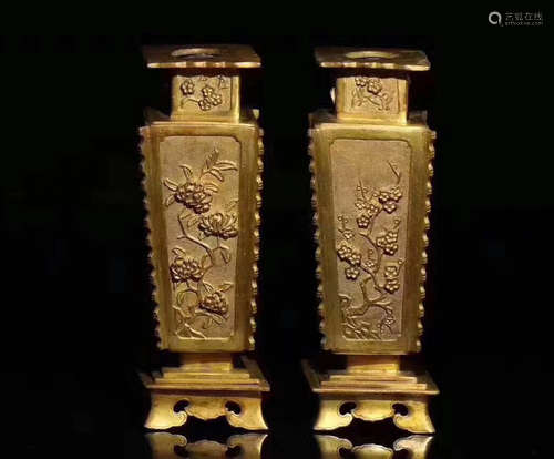 PAIR GILT BRONZED FLORAL PATTERN VASES