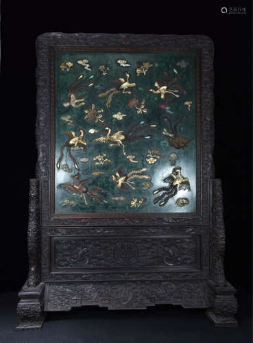 A ZITAN WOOD GEM DECORATED BIRD PATTERN SCREEN