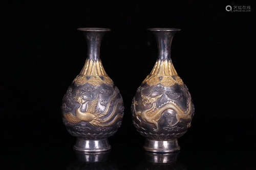 PAIR GILT COPPERN DARGON&PHOENIX PATTERN VASES