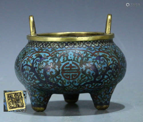 A CLOISONNE CASTED FLORALT PATTERN TRIPOD CENSER