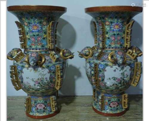 An Extremely Rare Pair of Famille Rose Porcelain and Cloisonne Vases