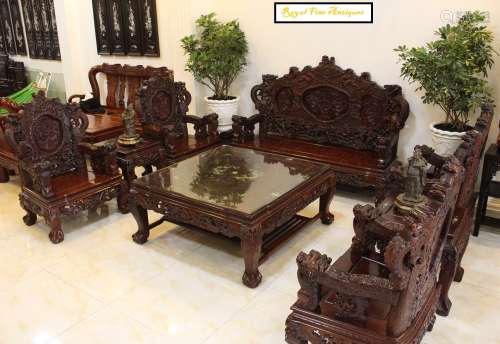 A Set of Eight Pieces of Hand Carved Rosewood (Cam Lai wood)
