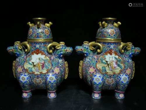 A Pair of Famille Rose Porcelain and Gilt Decorated Incense Burners