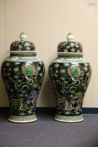 A Pair of Massive Famille Noire Enameled Porcelain Baluster Vases