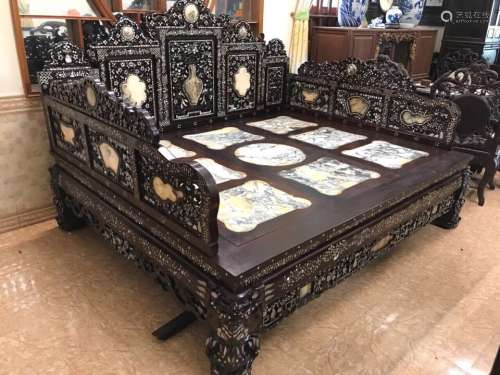 A Hand Carved Hongmu Bed-Marble Inset