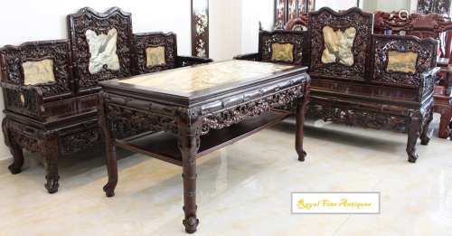 A Set of Three Pieces of Rosewood (Cam Lai)-Marble Inset