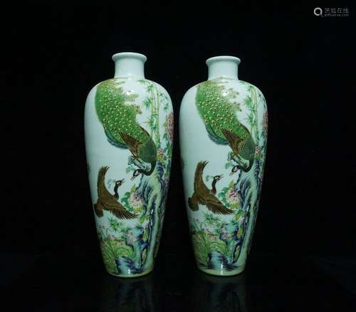 A Pair of Famille Rose Porcelain Vases