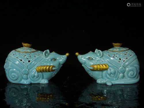 A Pair of Blue Glaze Porcelain and Gilt Decorated Incense Burners