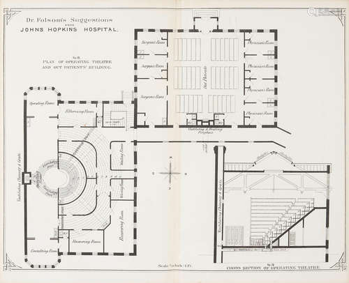 Hospital Plans: Five Essays Relating to the Construction, Organization & Management of Hospitals, Contributed by Their Authors for the Use of the Johns Hopkins Hospital of Baltimore.  New York: William Wood & Co., 1875. JOHNS HOPKINS. BILLINGS, JOHN SHAW, ET AL.