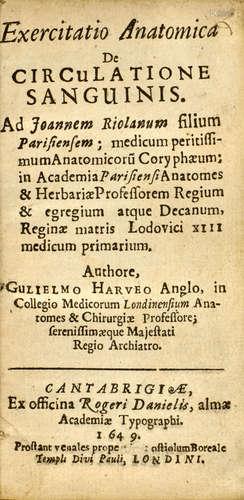 Exercitatio anatomica de circulatione sanguinis.  Cambridge: Roger Daniels, 1649.  HARVEY, WILLIAM. 1578-1657.