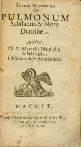 De pulmonum substantia & motu diatribe. Copenhagen: Henricus Goedianus, 1663. [MALPIGHI, MARCELLO. 1628-1694.] BARTHOLIN, THOMAS. 1616-1680.