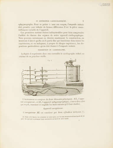 Appareils et Experiences Cardiographiques. Paris: J.B. Bailliere et Fils, 1863. CHAUVEAU, JEAN-BAPTISTE AUGUSTE. 1827-1917; AND ETIENNE-JULES MAREY. 1830-1904.