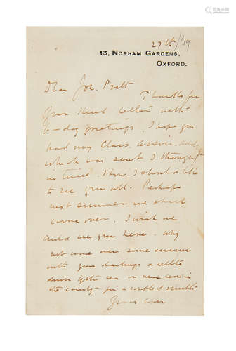 Autograph Letter (not signed) to Joseph Pratt, OSLER, WILLIAM. 1849-1919.