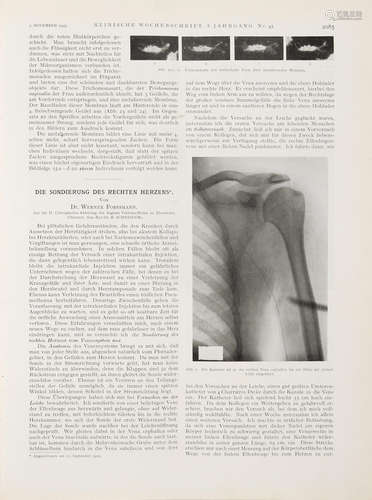 Die Sondierung des Rechten Herzens. [In:] Klinische Wochenschrift, volume 8, number 2, pp 2085-2087 and 2287 (supplement), Berlin: Julius Springer, 1929. FORSSMANN, WERNER. 1904-1979.