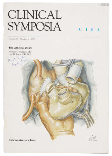 Archive of 35 items relating to the development of an artificial heart and its implantation in humans, including 16 offprints, 5 books, 3 signed photographs, and other items. ARTIFICIAL HEART. Cooley, Denton; Michael DeBakey; William DeVries; Robert Jarvik; Lyle Joyce; Willem Kolff; and others.