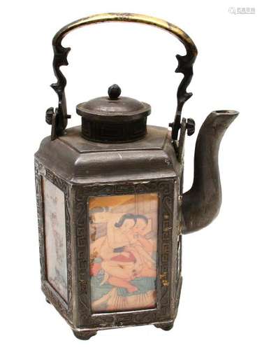 CHINESE PEWTER TEA KETTLE WITH EROTIC PICTURES