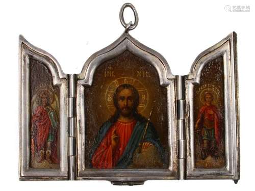 RUSSIAN SILVER TRIPTYCH ICON ST. PETERSBURG, 19 C