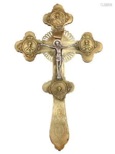 RUSSIAN CROSS RELIQUARY WITH SILVER JESUS, 19 C.