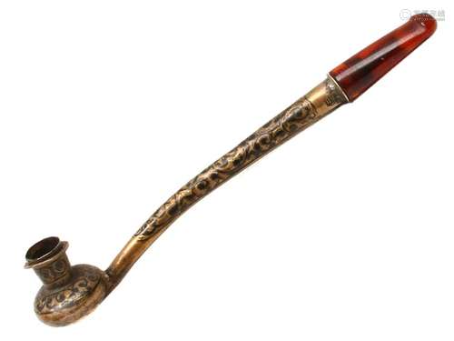 IMPERIAL RUSSIAN NIELLOED SMOKING PIPE W. AMBER