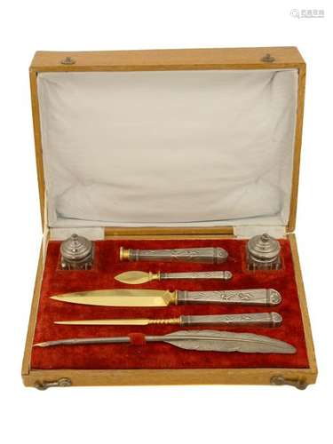 EUROPEAN OR RUSSIAN DESK CASED WRITING SILVER SET