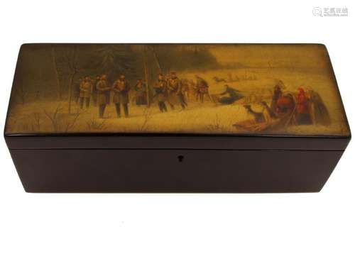 RUSSIAN PAPIER MACHE BOX WITH TSAR HUNTING SCENE