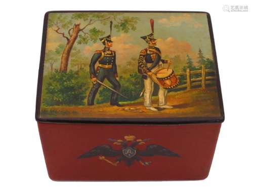 RUSSIAN PAPIER MACHE BOX WITH OFFICER AND DRUMMER