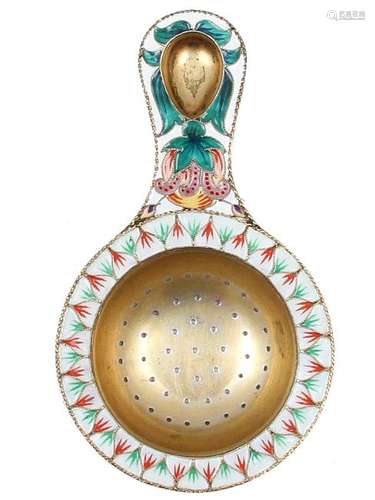 SOVIET GILT SILVER AND ENAMEL TEA STRAINER