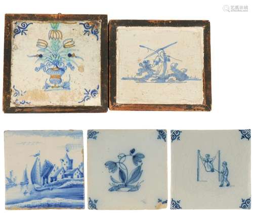 (5x) Piece lot of Delft blue tiles.