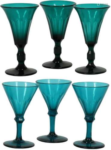 (3 + 3) Petrol colored Sherry, or Port glasses