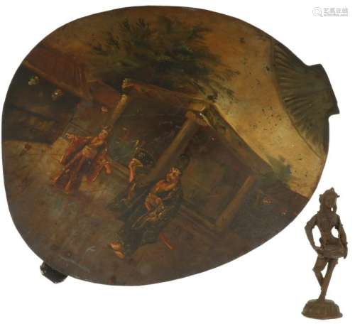 Painted plate and bronze statue.