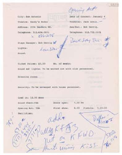 The Sex Pistols 1978 Concert Production Sheet