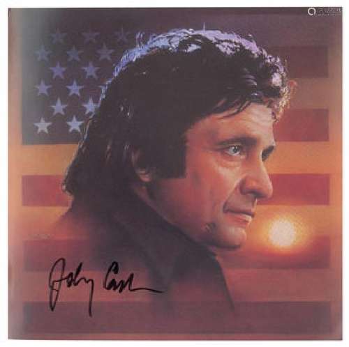 Johnny Cash Signed Flag Photo