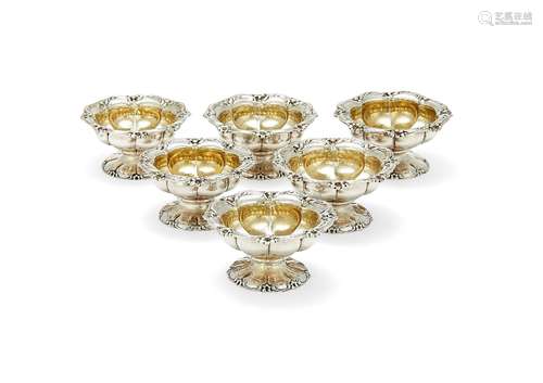 A set of six William IV lobed circular pedestal salt cellars by Joseph Angell I & John Angell I