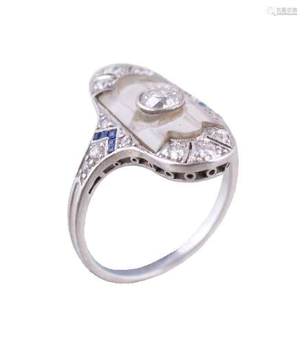 A 1920s diamond, sapphire and rock crystal panel ring