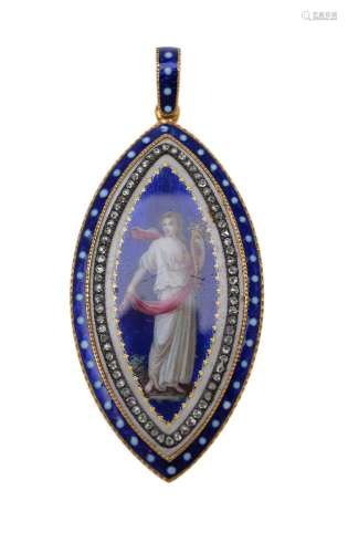 An early 19th century diamond and enamelled navette shaped plaque