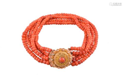 A multi strand coral bead necklace