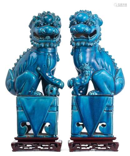 Paire de chien de Fô en porcelaine de Chine à glaçure turquoise Epoque Kangxi [...]