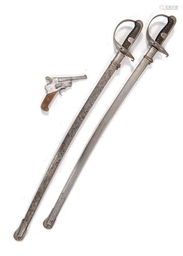 Lot d'armes comprenant : - deux sabres d'officier Waffenfabrik Neuhausen N°663006 [...]