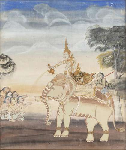 Peinture sur tissu de Thailande d'un Bouddha sur son éléphant offrant de l'eau aux [...]