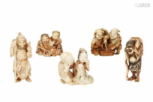 Lot of five netsuke, 1) Ivory Gama Sennin with bowl. H. 5 cm. 2) Ivory Bishamon with pagoda and