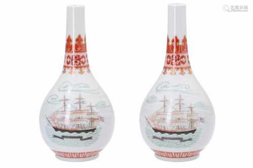 A pair of polychrome porcelain vases, decorated with ships. Marked with seal mark. China, late