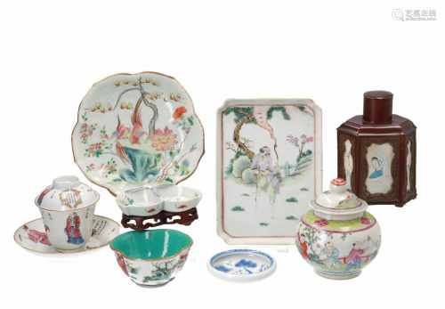 A diverse lot, including bowls, a serving tray, lidded jar, brush washer, a Wu Shuang Pu porcelain