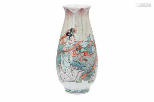 A polychrome porcelain vase, decorated with dancers sprouting from flowers. Marked with seal mark
